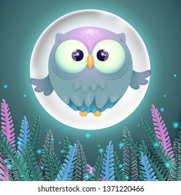 colorful card with cute little flying owl and full moon with nice gradients and fireflies