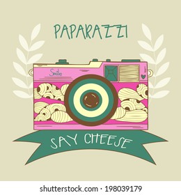 Colorful card with cute retro cameras. Used for wallpaper, pattern fills, web page background,surface textures.