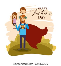 colorful card with dad super hero and sons on the fathers day vector illustration