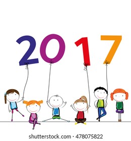 Colorful card fir New Year 2017 with happy kids