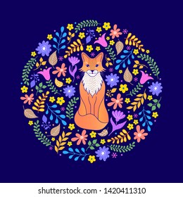 Colorful card with fox and flowers on dark background
