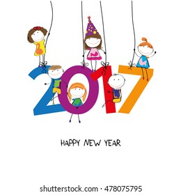 Colorful card fpr New Year 2017 with happy kids