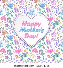 Colorful card with hand drawn flowers and hearts.Vector illustration.
