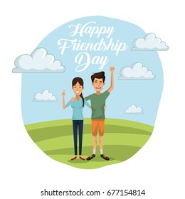 colorful card of happy friendship day with couple outdoors in sunny day and her with long hair and him in short pants