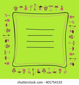 Colorful card with items for tea time with a frame for your text.