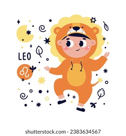 Colorful card with Leo zodiac sign. Kids characters with Astrological horoscope symbols. Hand drawn vector illustration in cartoon style with lettering