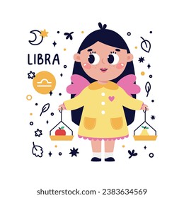 Colorful card with Libra zodiac sign. Kids characters with Astrological horoscope symbols. Hand drawn vector illustration in cartoon style with lettering