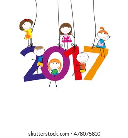 Colorful card for New Year 2017 with happy kids