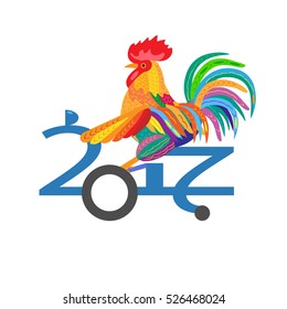 Colorful card for New Year 2017 with rooster ride on numbers as vehicle.Vector