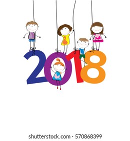 Colorful card for New Year 2018 with happy kids