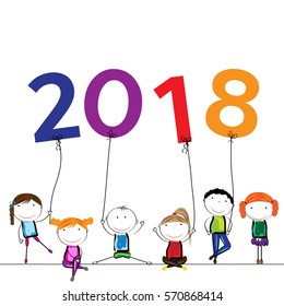 Colorful Card For New Year 2018 With Happy Kids