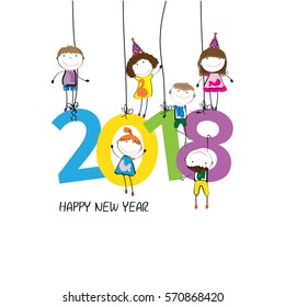 Colorful card for New Year 2018 with happy kids