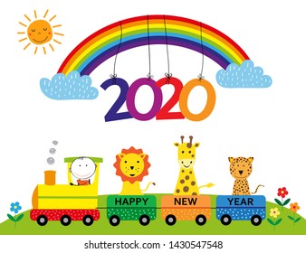 Colorful card for New Year 2020 with happy kids, rainbow and train. Vector illustartion.