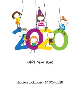 Colorful card for New Year 2020 with happy kids, vector illustartion.