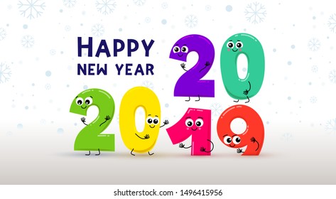 Colorful card for New Year 2020 with happy balloons. Сhildren's balls 2020 replace 2019 balls. Kids party vector illustration. Isolated on white background.