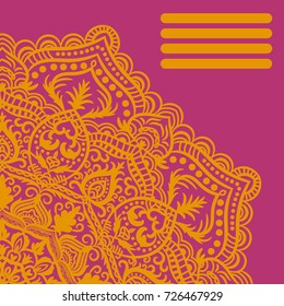Colorful card with ornamental round doodle flower isolated on pink background. Vector illustration.