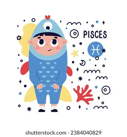 Colorful card with Pisces zodiac sign. Kids characters with Astrological horoscope symbols. Hand drawn vector illustration in cartoon style with lettering