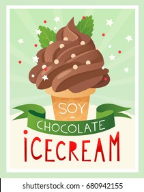 Colorful card or poster for your shop with chocolate ice cream in waffle cup with mint leaves on top. Vector template. 