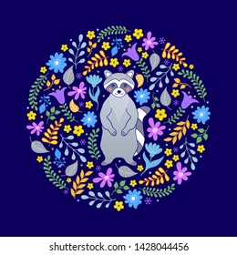 Colorful card with raccoon and flowers on dark background