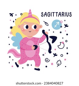 Colorful card with Sagittarius zodiac sign. Kids characters with Astrological horoscope symbols. Hand drawn vector illustration in cartoon style with lettering