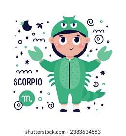 Colorful card with Scorpio zodiac sign. Kids characters with Astrological horoscope symbols. Hand drawn vector illustration in cartoon style with lettering