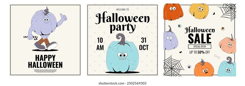 Colorful card set on Happy Halloween theme. Retro groovy character pumpkins with creepy and skary face. Contemporary vector collection