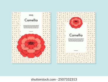 Colorful card template with camellia flower in minimalistic style