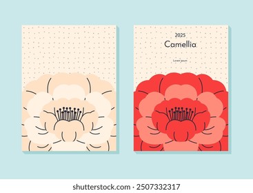 Colorful card template with camellia flower in minimalistic style