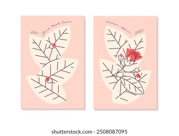 Colorful card template with leaves and flowers in minimalistic style