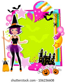 colorful card with a witch and other Halloween symbols (jpeg version is available in my gallery)