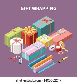 Colorful cardboard gift boxes and tools for wrapping isometric composition 3d vector illustration