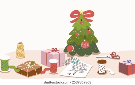 Colorful cardboard gift boxes and tools for wrapping on the background of a Christmas tree decorated with decorations. Hand drawn flat vector illustration