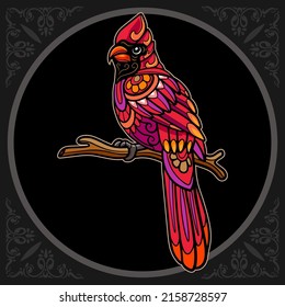 Colorful cardinal bird mandala arts. isolated on black background.