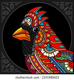 Colorful cardinal bird zentangle arts isolated on black background