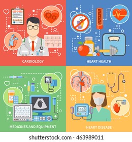 Colorful cardiology flat 2x2 icons set with cardiologists medicines and equipment for heart health and treatment isolated vector illustration