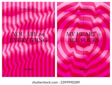 Colorful Cards About Love with Bright Pink 3d Backgrounds and Quotes. Vector Neon Colored Posters. Modern Bg with Swirl Waves. Abstract Y2k Art Design for Posters and Banners for Valentine's Day