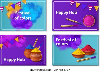 Colorful cards celebrating the Festival of Holi, featuring vibrant powders, traditional pots, and festive decorations like banners and musical instruments.