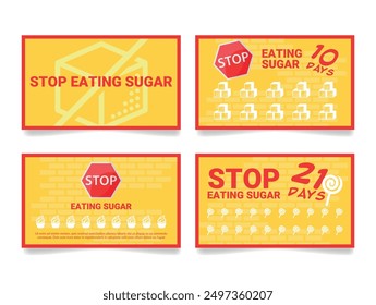 Colorful cards encourage a sugar-free lifestyle, showcasing progress for challenges spanning 10 and 21 days with playful graphics and motivational phrases.