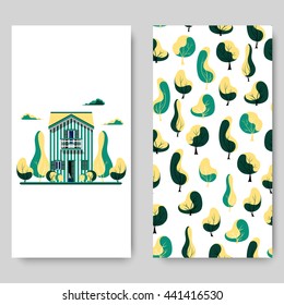 Colorful cards with flat style residential house and tree pattern. Cool cottage with garden. Vector templates set for flyer, brochure, poster, cover, banner, greeting or invitation card, etc