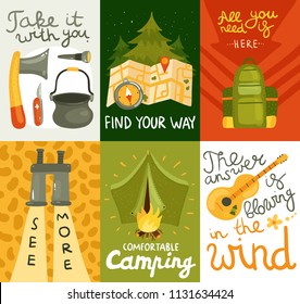 Colorful cards set with equipment for comfortable camping on colorful background flat isolated vector illustration