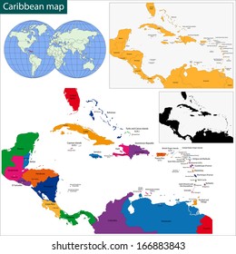 Colorido mapa caribeño con países y ciudades capitales