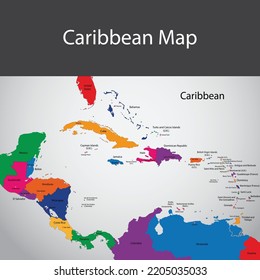 Colorful Caribbean map with countries and capital cities