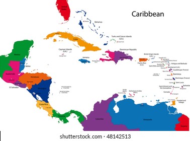 Colorful Caribbean map with countries and capital cities