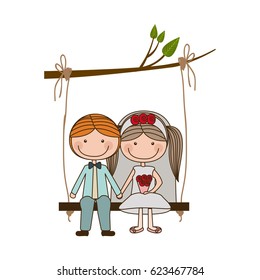 colorful caricature blond guy with formal suit and woman with pigtails hairstyle sit in swing hanging from a branch vector illustration