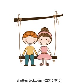 colorful caricature blond guy and girl with collected hairstyle sit in swing hanging from a branch vector illustration