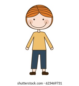 colorful caricature blonded boy with coat and shorts vector illustration