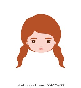 colorful caricature closeup front view face woman with double pigtails hairstyle vector illustration