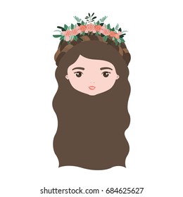 colorful caricature closeup front view face woman with wavy long hairstyle and braid crown decorate with flowers vector illustration