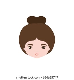 colorful caricature closeup front view face woman with collected bun hairstyle vector illustration