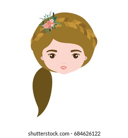 colorful caricature closeup front view face woman with side ponytail hairstyle and braid crown decorate with flowers vector illustration